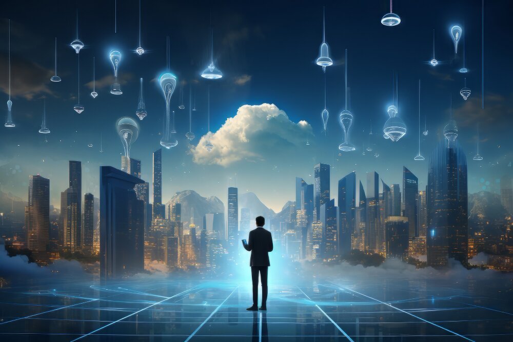 Businessperson in futuristic smart city with floating digital devices