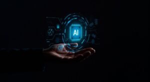 Hand holding a glowing AI chip hologram with digital interface