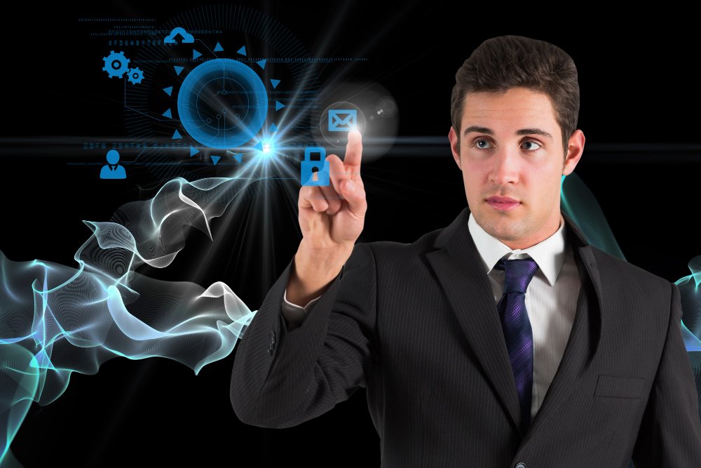 Businessman using futuristic interface representing the power of AI in digital marketing.