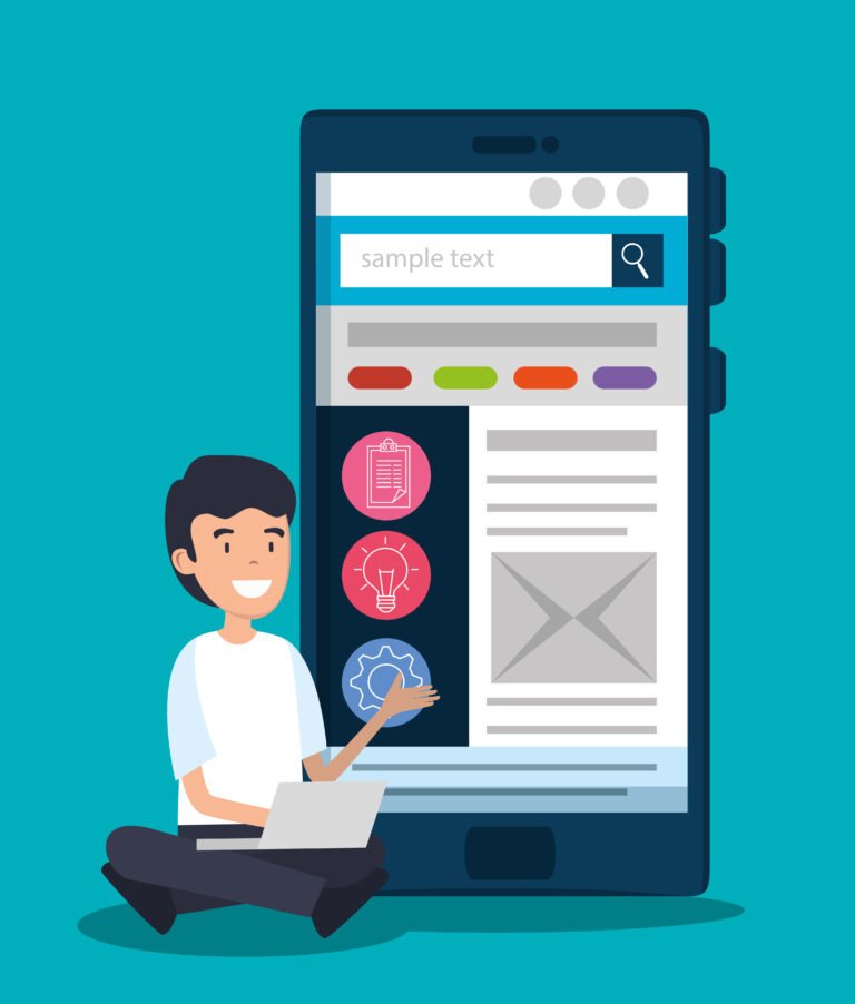Illustration showing mobile-first indexing concept with responsive design elements, SEO rankings, and Googlebot crawling a mobile site.
