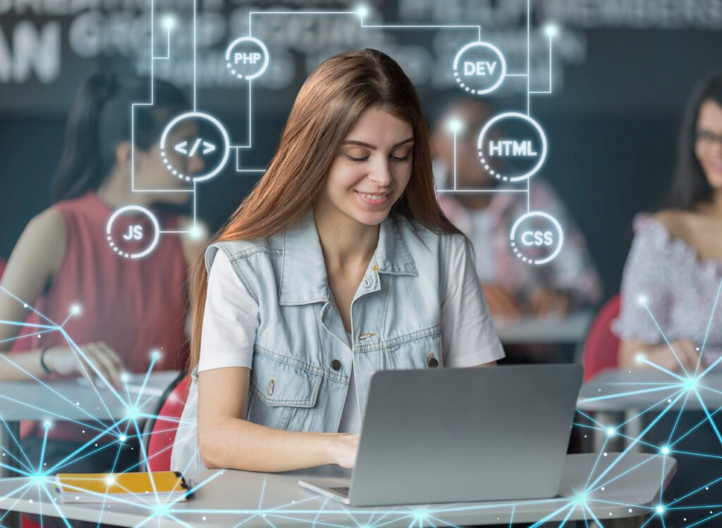 Illustration of AI connecting and customizing content across devices like smartphones, laptops, and tablets in a marketing context.