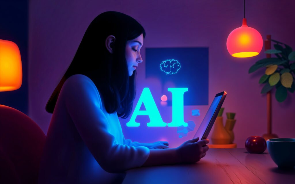 Futuristic scene of AI-powered smart home with virtual assistants, connected devices, and automated systems.